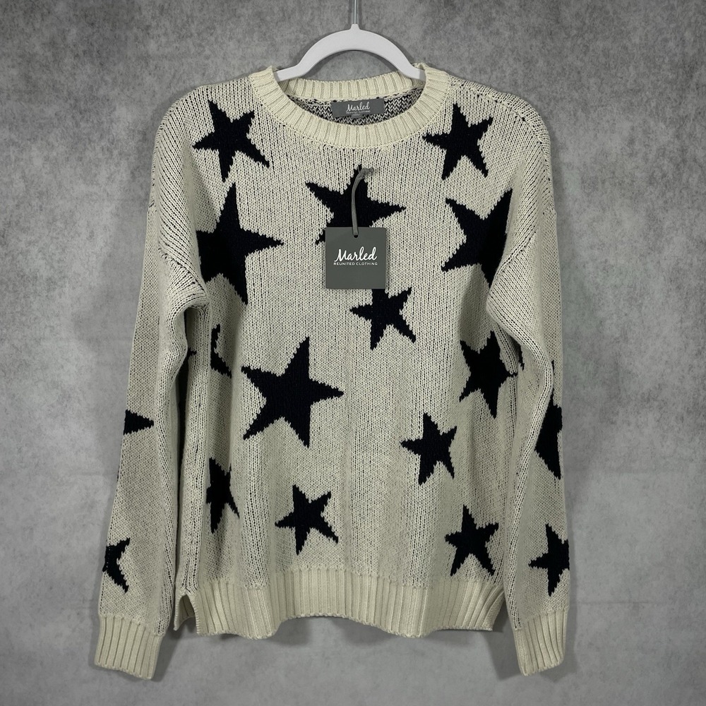 Marled Knit Sweater Womens Size M Ivory Black Long Sleeves Stars